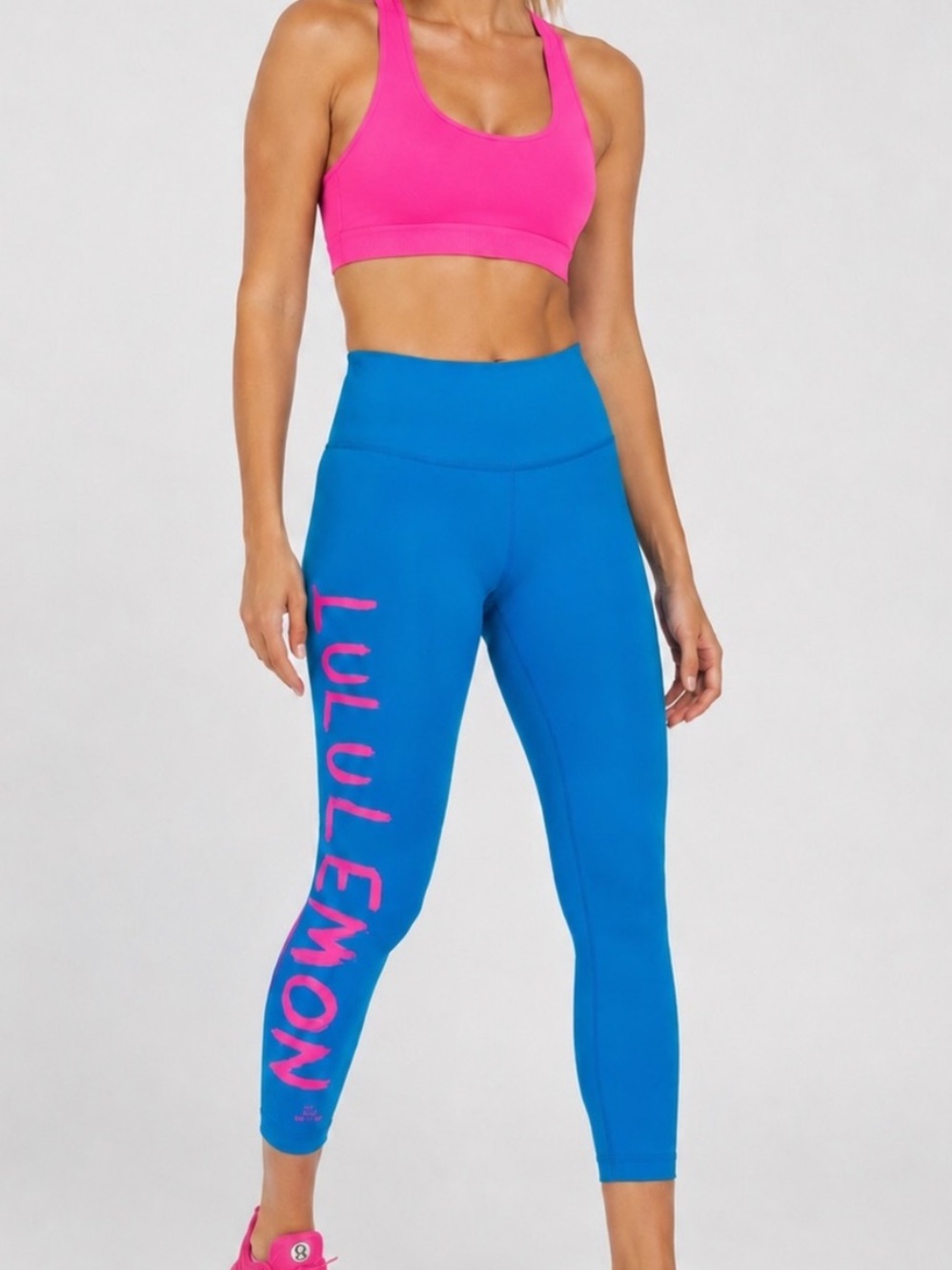 Lululemon x Ed Curtis High-Rise Crop Leggings in Bright Blue with Pink Logo